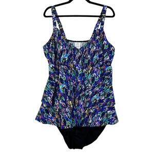 Swim Solutions Triple Tier Fauxknit One Piece Swimsuit Navy Multi Women 22W NWT